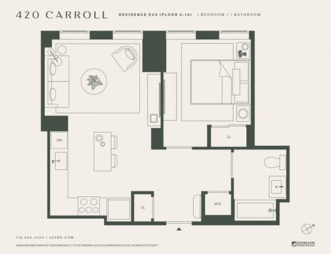 Floor plan for 1 bed, 1 bath, 586 sqft